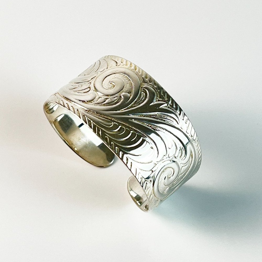 Embossed Floral Scroll Solid Sterling Silver Graduated Wide Cuff Bracelet - Picture 7 of 10